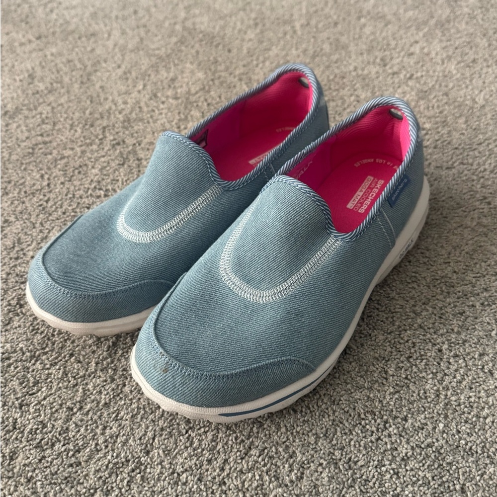 Skechers Denim Blue Slip-On Shoes with Pink Lining